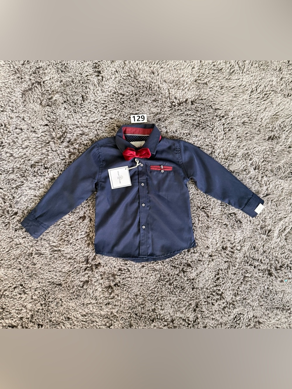 Boys Navy Button-Down Shirt with Red Bow Tie Accent